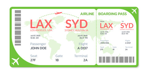 Airplane ticket. Flight boarding pass design. Air, plane, airline card template. Fly, travel concept. Vector illustration.