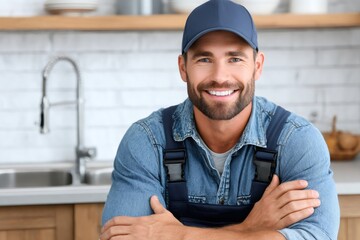 Smiling handsome man worker in blue uniform kitchen
