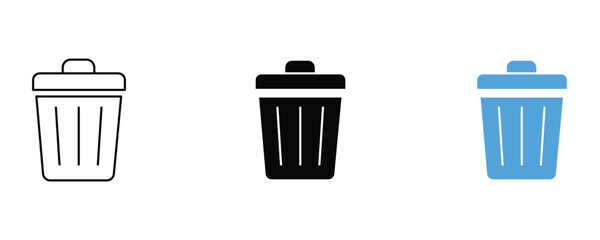 Trash can icon set vector on white background. garbage, waste, recycle, container, dustbin, rubbish, dumpster, bucket, box, symbol.