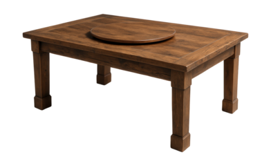 Rustic reclaimed wood gaming table with built-in lazy Susan, perfect for country kitchens.