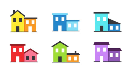 Collection of minimalist flat design houses, showcasing simple geometric shapes and bold colors in a modern, clean style
