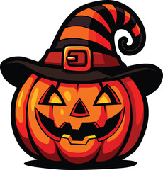 Smiling pumpkin wearing a witch hat glowing brightly for Halloween night