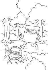 coloring book price chasing salary root in forest symbolizing cost and wage imbalance