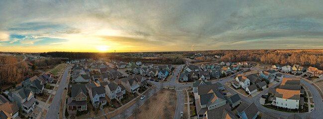 Panaoramic overhead view of a winter evening in suburban South Carolina