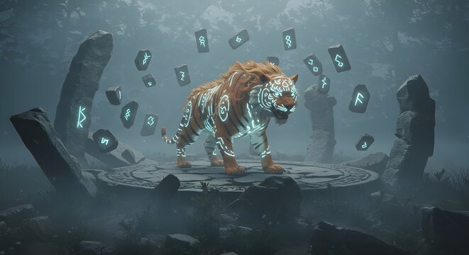 Tigre m&aacute;gico con runas luminosas en un c&iacute;rculo m&iacute;stico