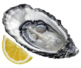 Oyster half shell with lemon, isolated on transparent background, png