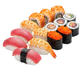 Sushi assortment with fish and prawns, isolated on transparent background, png
