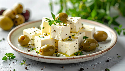 Feta cheese cubes with olives and oregano on ceramic plate, natural daylight