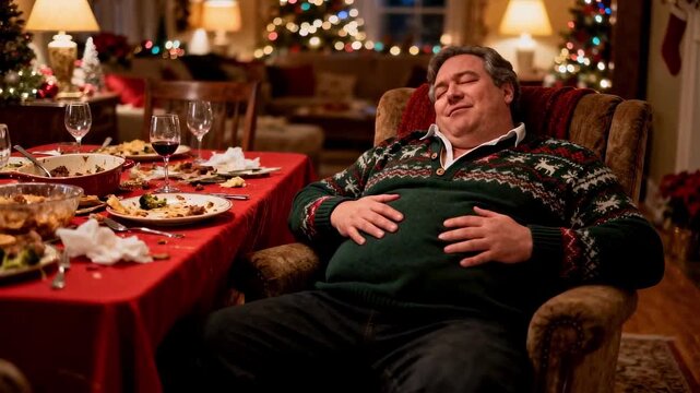 A man in a christmas sweater sleeps in an armchair with a full belly after a festive dinner, a humorous scene of holiday overeating, indulgence, and the concept of post-meal fatigue