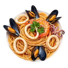 Seafood pasta with mussels shrimps and squid, isolated on transparent background, png