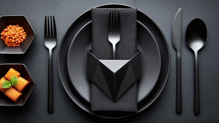 A modern black dining setup with matte utensils, textured napkin, geometric paper heart, and small dishes of food on a dark surface.