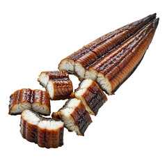 Smoked eel pieces, isolated on transparent background, png