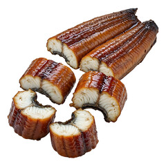 Smoked eel pieces, isolated on transparent background, png