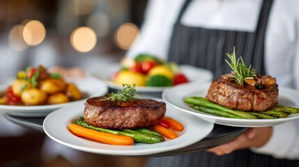 Waiter serving steak and vegetable dishes on tray
