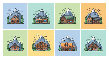 Collection of eight colorful cabin icons with mountain backdrop, perfect for nature and outdoor themed designs