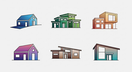 Set of six modern house vector illustrations collection of contemporary home designs in various styles and colors for real estate or architecture