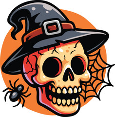 Creepy skull wearing witch hat with spider and web background for Halloween