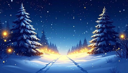 This is a digital illustration depicting a serene, snow-covered winter night. The scene features two tall, snow-laden evergreen trees on either side of a winding, illuminated path that leads the viewe