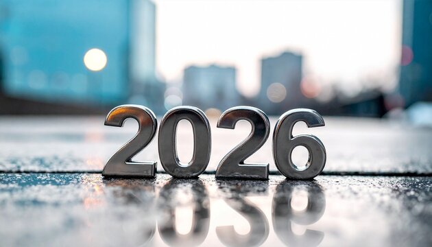 This photograph captures a close-up of the numbers "2026" in shiny silver metal, standing upright on a wet, reflective surface. The background is a blurred cityscape with buildings and streetlights, s