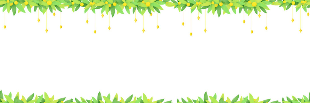 Border of green branches with yellow fruits and pendants on a white background.