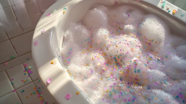 Relaxing bathtub with colorful confetti and bubbles in sunlit bathroom,Bathtub Party Day