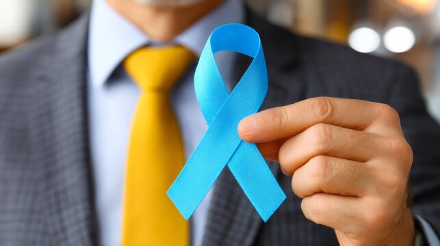 Man holding blue ribbon for prostate cancer awareness