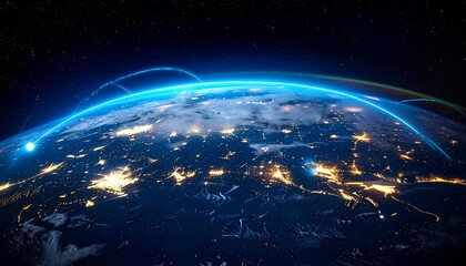 A photograph captures Earth from space at night, focusing on the curvature of the planet. The illuminated city lights form a glowing patchwork across the continent, contrasting against the dark, star-