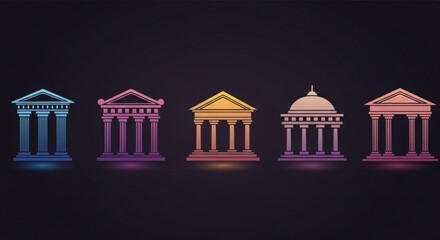 Collection of glowing gradient parthenon icons, showcasing ancient greek architecture and historical significance on a dark background