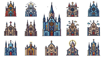 Collection of colorful church icons, showcasing various architectural styles and religious significance
