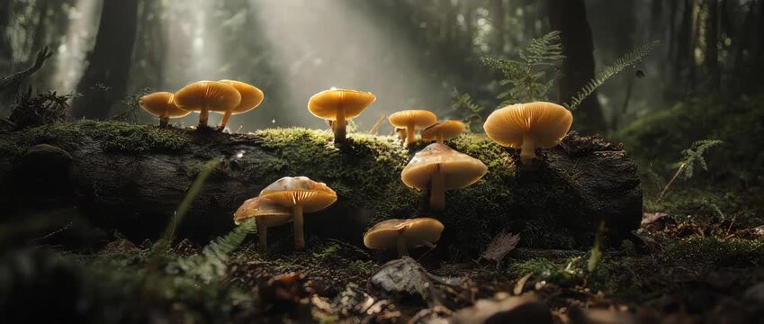 A magical time-lapse captures the enchanting growth of small mushrooms on a forest log. A perfect visual for life, nature's cycles, and transformation.