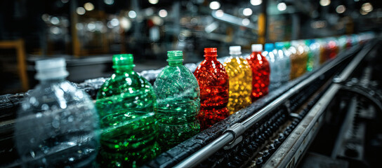 Conveyor belt with plastic recyclables at the enterprise, waste recycling and disposal concept