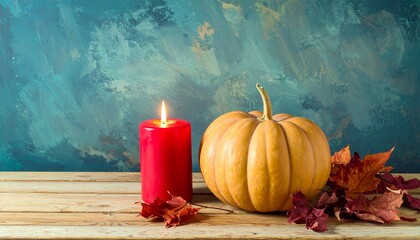 A photograph depicts a red, textured candle with a lit flame on the left, a large, smooth, orange pumpkin in the center, and scattered autumn leaves in shades of orange and red on the right. The backg