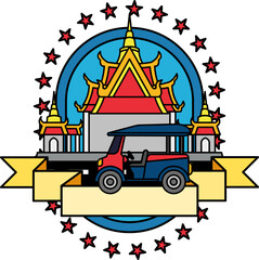 Obraz premium logotype of a tuk tuk in front of the temple