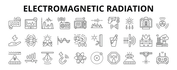 30 Electromagnetic Radiation Line Icons Vector - Ultraviolet, Gamma Ray, Reflection, Refraction, Absorption, Intensity, Quantum, Microwaves