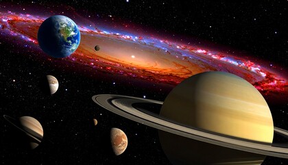 This is a digital CGI image depicting a vibrant, colorful scene of space. The foreground features Saturn, with its prominent rings stretching horizontally across the image. To the right, a bright, glo