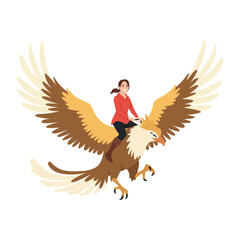 Woman riding a giant eagle in flight, representing fantasy adventure and freedom in the sky. Flat vector illustration isolated on white background
