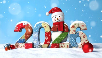 Photograph of a festive holiday scene featuring a whimsical "2026" sign. The digits are decorated with colorful, patchwork patterns of red, blue, green, and white, adorned with snowflakes and Christma