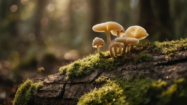 A magical time-lapse captures the enchanting growth of small mushrooms on a forest log. A perfect visual for life, nature's cycles, and transformation.