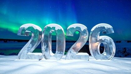 This is a photograph featuring the large, clear, ice sculpture of the numbers "2026" prominently in the foreground. The sculpture is set against a backdrop of a vast, icy landscape under a clear, deep