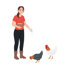Woman Feeding Chickens wearing boots. Flat vector illustration isolated on white background