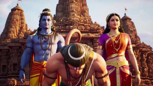Lord Rama, Sita, and Hanuman in a divine setting, embodying strength and devotion.
