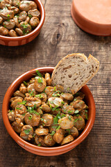 Vegan version of Spanish Habas con Jamón with a slice of bread in a bowl. Second bowl behind. Rustic wooden background. 