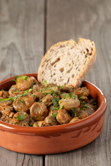 Vegan version of Spanish Habas con Jamón with a slice of bread in a clay bowl. Unpeeled broad beans cooked in white wine and olive oil with garlic, onions, and smoked paprika.