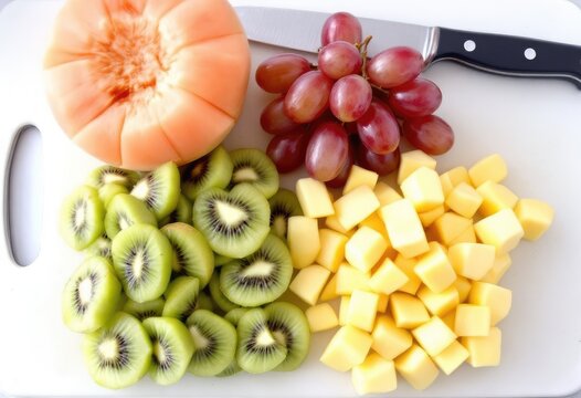 Fresh fruit salad ingredients on a white cutting board