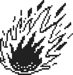 Fototapeta premium Pixel art meteor falling from sky, black and white illustration retro gaming burning fireball, crashing asteroid sprite