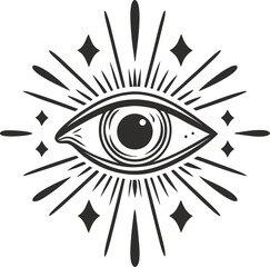 Mystical all seeing eye symbol with sunburst rays and sparkling stars esoteric occult design, eye of providence concept