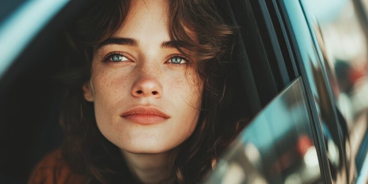 Young woman daydreaming while traveling in car - Powered by Adobe