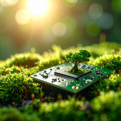 Small tree growing on computer chip symbolizing green technology