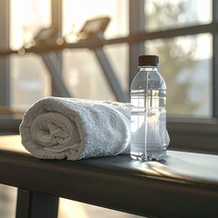 Water bottle and towel on gym bench in morning sunlight
