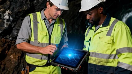 Two diverse mining engineers in hard hats use a rugged tablet with a holographic display to analyze data inside a mine, representing industrial innovation and modern engineering technology - Powered by Adobe